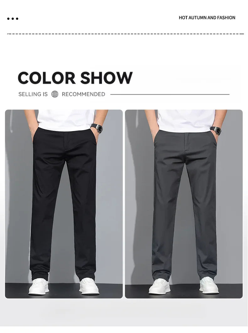New Men's Business Cotton Thin Straight Pants Casual Elastic Slim Comfortable Male Brand Trousers Black Gray Khaki Royal Blue
