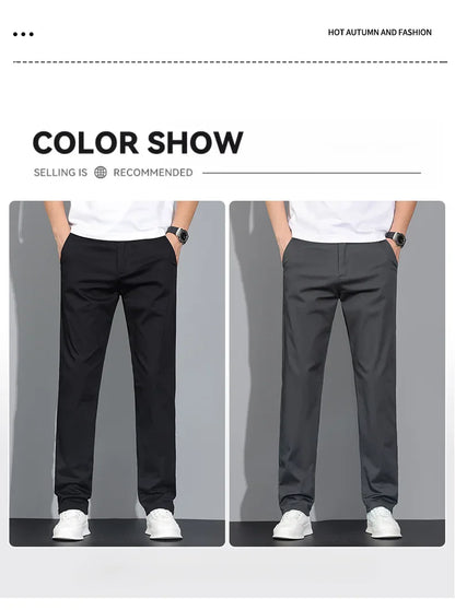 New Men's Business Cotton Thin Straight Pants Casual Elastic Slim Comfortable Male Brand Trousers Black Gray Khaki Royal Blue