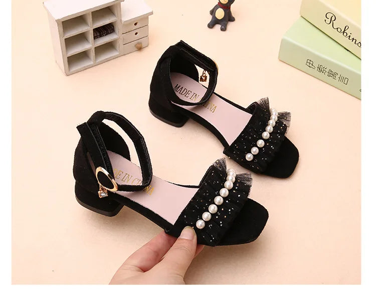 Girls Sandals Summer Shoes Cute Pearls Roman Shoes Pink Black Beading Open-toe Kids Fashion Girls Party Sandals Kids Shoes Chic