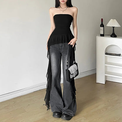 2025 Spring New Solid Color Sweet Gentle Cute All-match High Street Travel Sexy Cool Women Chest Wrap Ruched Tassel Vest