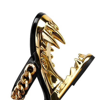 Big Gold Chain Peep Toe Tiger Teeth Heel Sandals 2024 New Fashion Silvery Beach Party Outdoors Women's Slippers Size 35-43