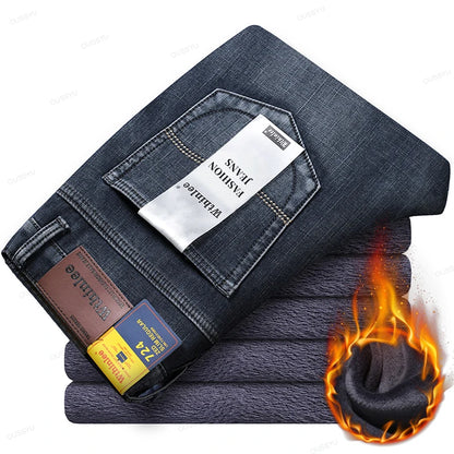 High Quality Winter Thermal Warm Flannel Jeans Men Famous Brand Fleece Denim Pants Straight Flocking Trousers Male Plus Size 40