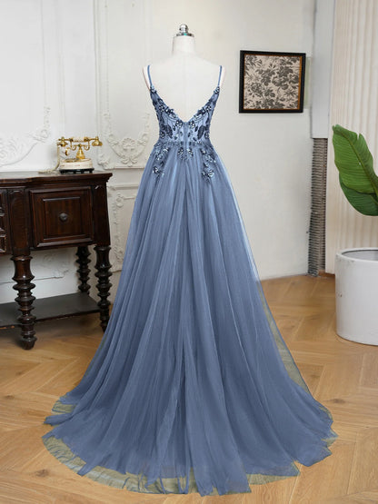 Sling Evening Dresses Prom Dress V-Neck A-Line Train High Split Gowns Sexy Spaghetti Straps Illusion Sequins Appliques