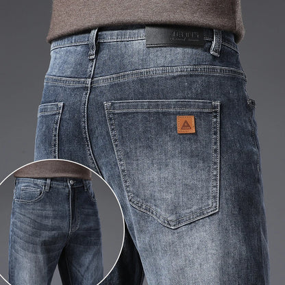 Men's Soft Stretch Straight Jeans Business Casual Slim Fit Wash Denim Pants Korean Fashion Blue Gray Male Brand Trousers