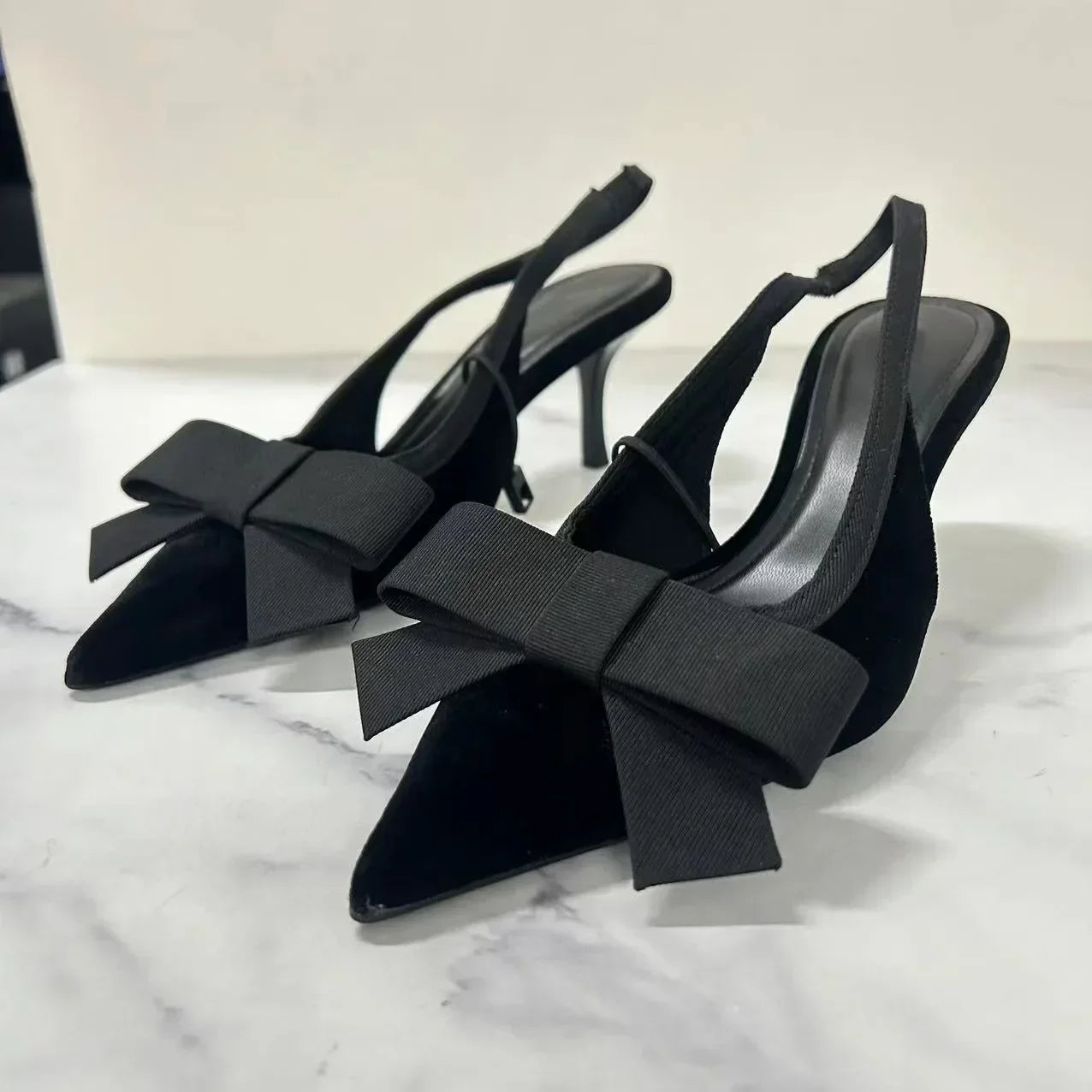 Black Velvet Butterfly-knot Designer Heeled Sandals Women Sexy Pointed Toe Slingbacks Women Pumps Elegant Party Dress High Heels