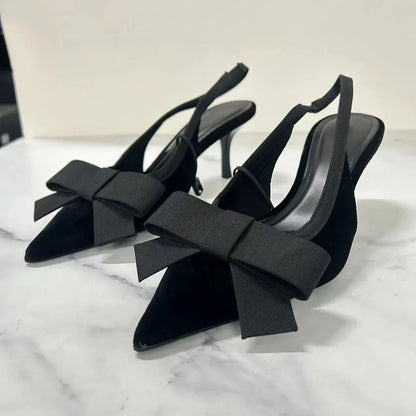 Black Velvet Butterfly-knot Designer Heeled Sandals Women Sexy Pointed Toe Slingbacks Women Pumps Elegant Party Dress High Heels