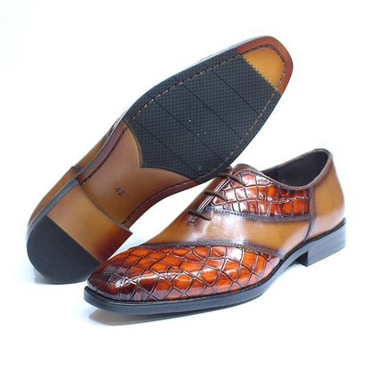Luxury Men's Patent Leather Dress Shoes Alligator Pattern Oxford Brogue Lace-Up Formal Shoes for Office Wedding Party