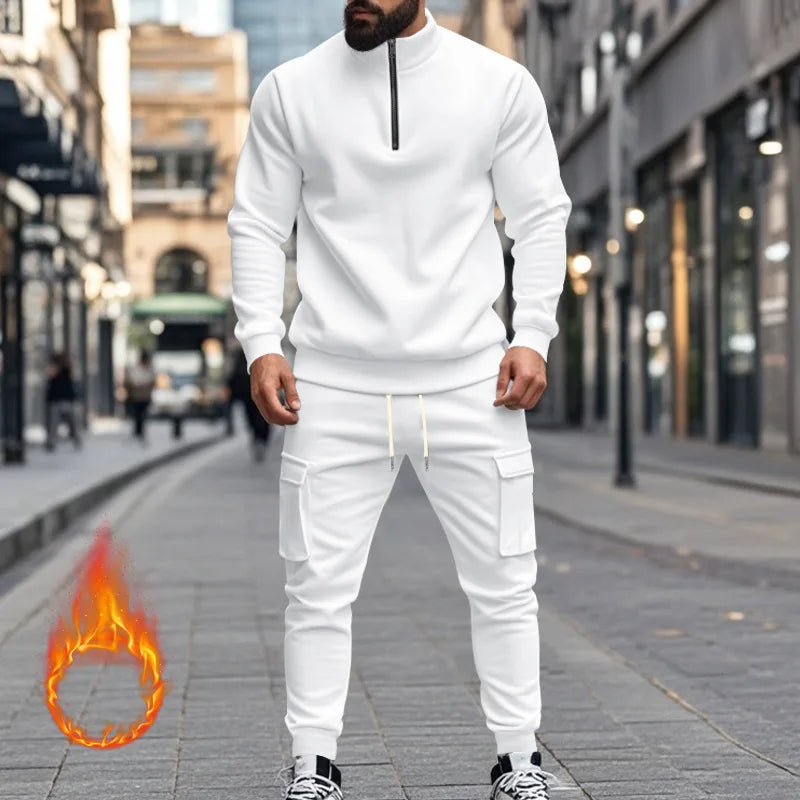 2024 autumn and winter men's casual velvet warm zipper sports trousers set