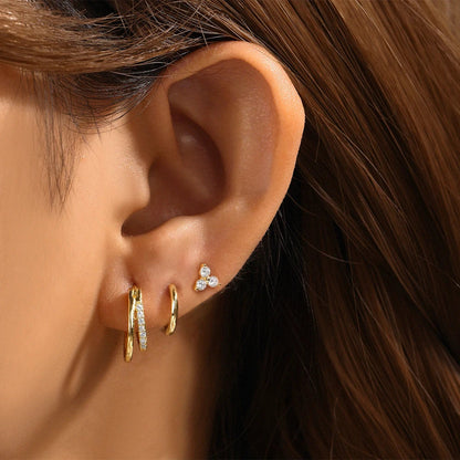 Aide 3pcs Set 925 Sterling Silver Double Gold Hoop Mini Zircon Stud Earrings For Women Hypoallergic Elegant INS Piercing Jewelry