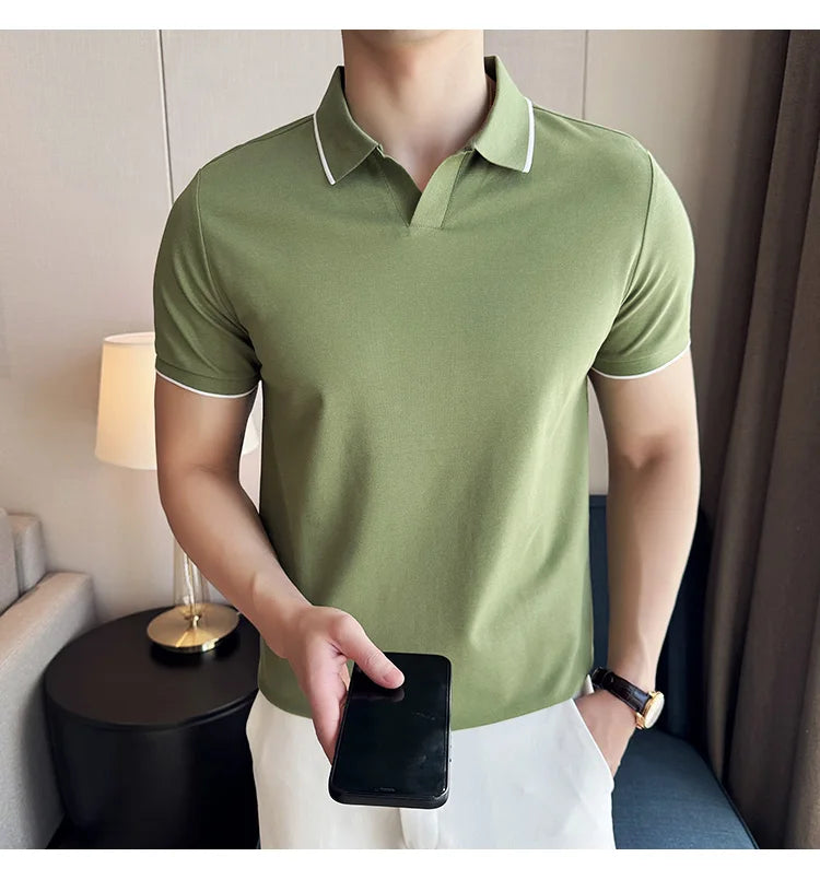 Business Casual Solid Color Men's Polo Shirt, 2024 Summer Classic, Men Short Sleeve V-neck T-shirt, Slim Fit Spliced Polo 4XL-M