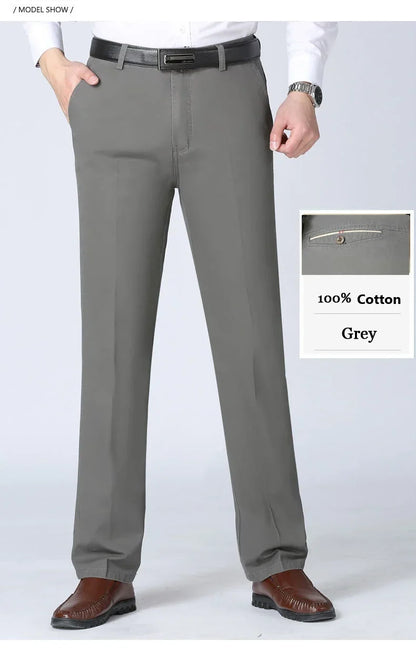 100% Cotton Spring Summer Middle-aged Cargo Trousers Men's Straight Slacks High Waists Thin Thick Breathable Male Suit Pants