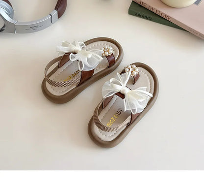 Summer Girl's Sandals Clip-toe Bowknot Elastic Band Soft Sole Kids Sliders Beautiful Pu Leather Chunky Morden Children Shoes