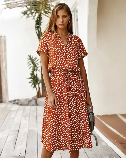 Vintage Floral Print Dress Women Boho Short Sleeve Long Dress Turn Down Collar Casual Waistband Shirt Dresses Robe 2021 Summer