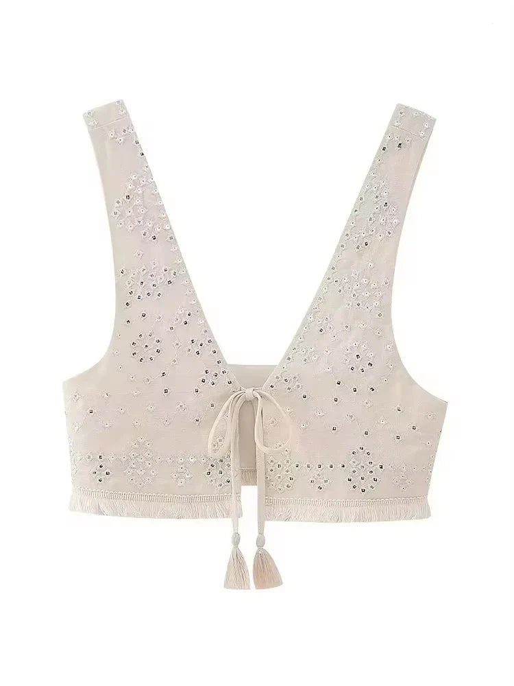 Women Fashion With Tie Tassel Embroidered Crop Tank Tops Sexy V Neck Wide Straps Female Waistcoat Chic Vest Tops