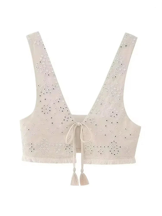 Women Fashion With Tie Tassel Embroidered Crop Tank Tops Sexy V Neck Wide Straps Female Waistcoat Chic Vest Tops