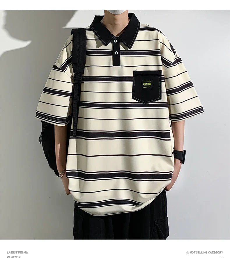 2024 New Summer Men POLO Shirt Trend Loose Clothing Students Short-sleeved T Shirt Tops Round Neck Five-quarter Sleeve Harajuku