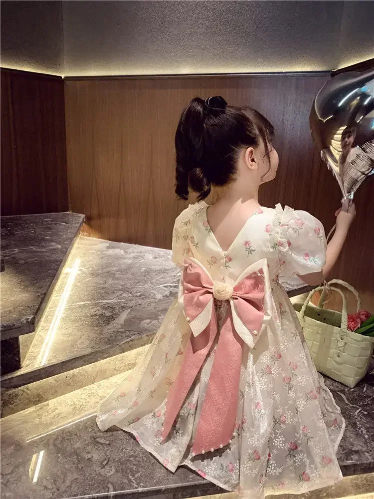 Summer Girls 1-8 Years Floral Roses Princess Dress Lace Tiered Bow Back Pearl Accented Knee-Length Party Birthday Celebration