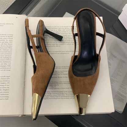 Street Style Sexy Pointed Toe Slingbacks Pumps Women Stripper Sandals High Heels Female Banquet Shoes Brown Kitten Heels