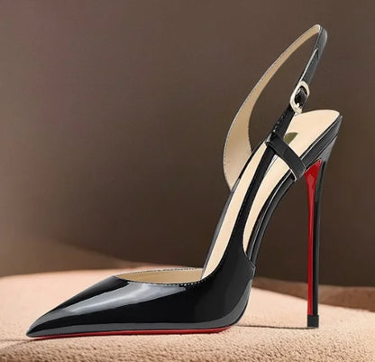 Sandálias femininas de cetim vermelho-rosado com tira traseira, fivela tripla, salto fino e estilo europeu e americano sexy, sapato único