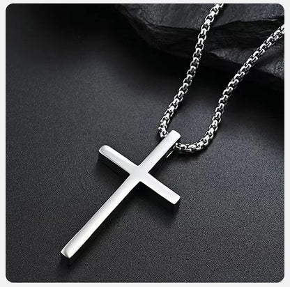 Cross Necklace for Men Women, Silver Color Plain Cross Pendant Collar with Stainless Steel Box Chain