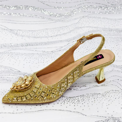 Elegant Rhinestone Pointed Toe Pumps With Matching Bag Set Large Size shoes Big Bag for Women's Party High Heels