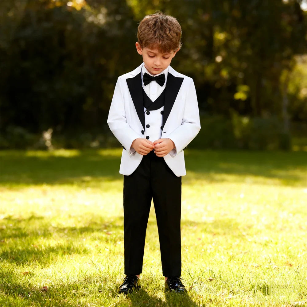 Brand Suit Set for Boys 3-14 Yrs, Classic Black Collar Suit Jacket Vest Pants Bowtie Set, Communion Party Suits Toddler