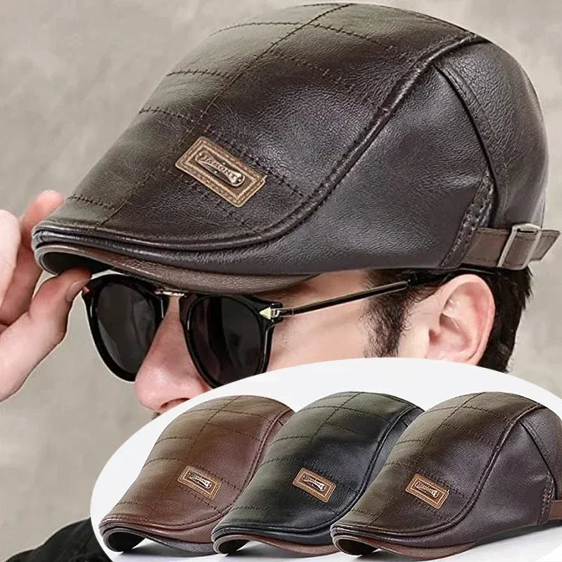 Vintage Men Beret Hat Leather Flat Hats Warm Autumn Winter Windproof Adjustable High Quality Peaked Cap Mens Retro Beret Caps