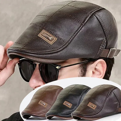 Vintage Men Beret Hat Leather Flat Hats Warm Autumn Winter Windproof Adjustable High Quality Peaked Cap Mens Retro Beret Caps
