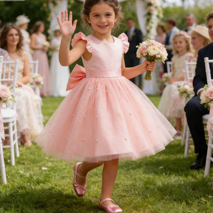 Girls White Wedding Pearls Elegant Pageant Princess Dress For Girls Backless Big Bow Wedding Bridesmaid Birthday Party Ball Gown