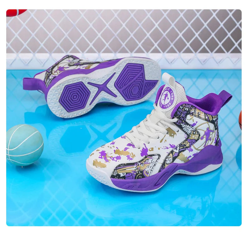 Kids Basketball Shoes Non-slip Breathable PU Leather Basketball Training Sneakers Boys Girls Sports Shoes Children Running Shoes