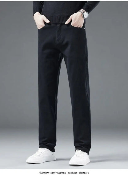 2026 Autumn Winter New Trendy Classic Jeans Male Solid Color Washed Straight Denim Pants Wide Leg Business Casual Stretchy Jeans