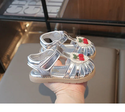 Summer Baby Girls Sandals Pu Leather Cartoon Strawberry Children's Beach Sandals Cowhide Non-slip Sole Kids Shoes