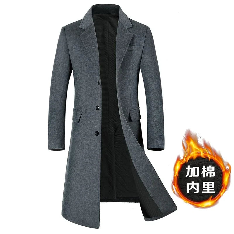 Sobretudo Masculino de Lã de Alta Qualidade Outono Inverno Casaco Trench Longo da Moda Algodão Grosso Acima do Joelho M-4XL