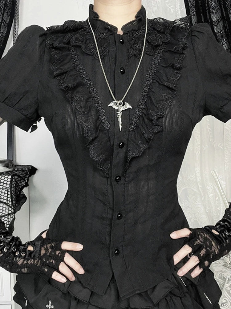 Cotton Shirts Women Vintage Gothic Black White Jacquard Short Sleeve Blouses Elegant Office Lady Y2k Tops