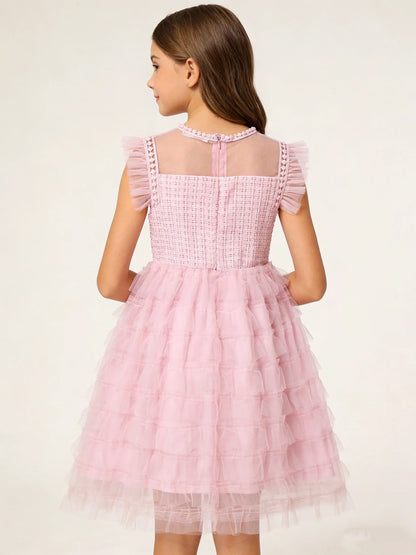 Summer Large And Medium Size Girl's Sleeveless Round-Neck Netting Patchwork Dress Sweet Dreamy Cake Puff Skirt Dress