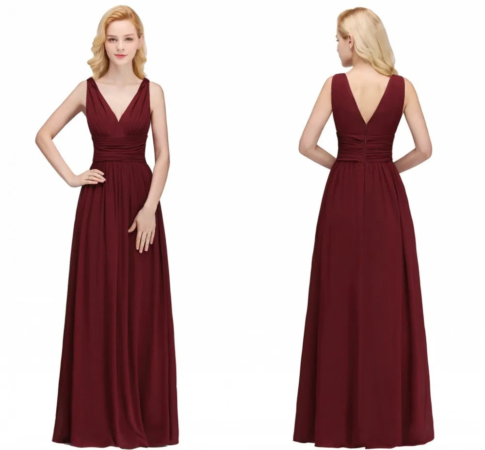 Elegant Burgundy V Neck Long Evening Dresses Summer Sleeveless Chiffon Ruched Formal Wedding Party Prom Gowns Vestido De Fiesta