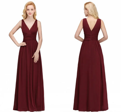 Elegant Burgundy V Neck Long Evening Dresses Summer Sleeveless Chiffon Ruched Formal Wedding Party Prom Gowns Vestido De Fiesta