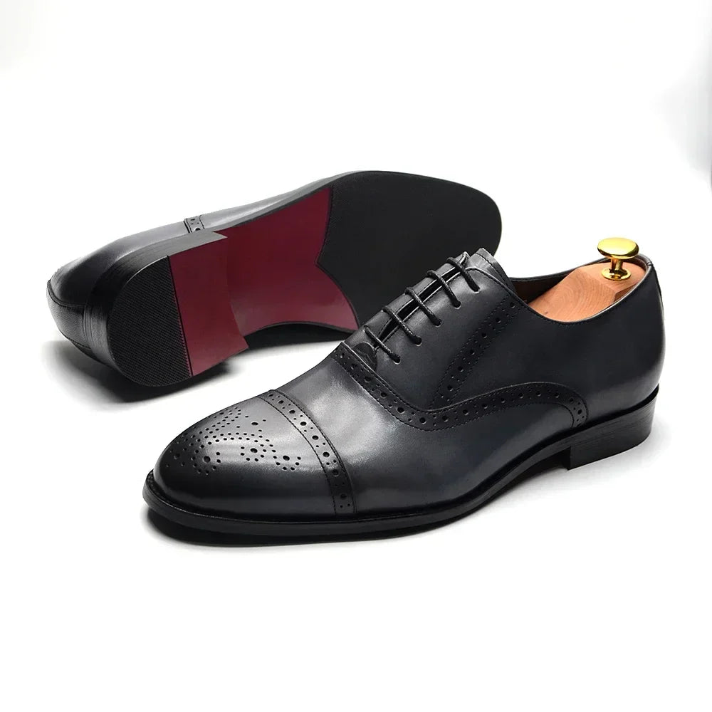 Italian Mens Dress Shoes Genuine Leather Cap Toe Oxfords Lace-up Black Brown Wedding Business Office Brogue Formal Shoes for Men