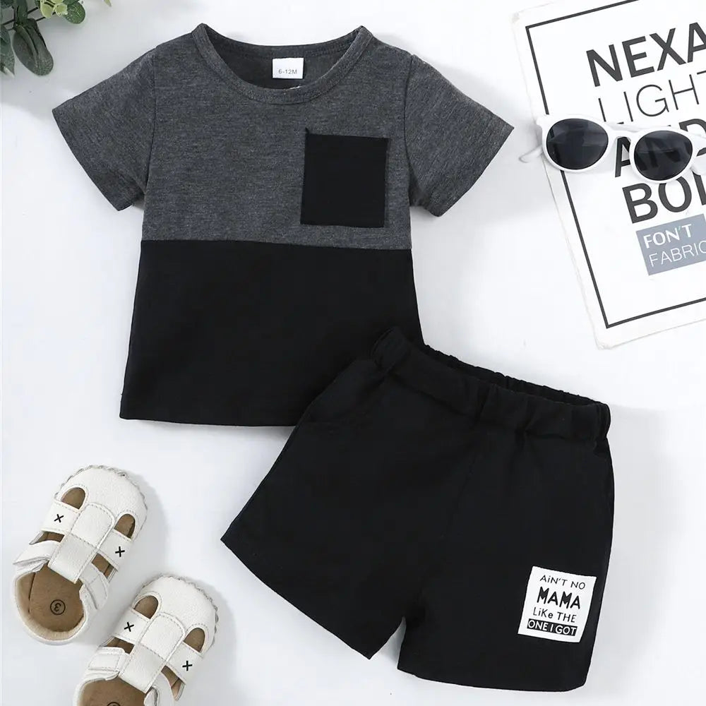 2PCS Summer Toddlers Boy Outfits Short Sleeve Pullover Color Block Top+Pants Fashion Casual Sports Set for Kids Boys 1-4 Years