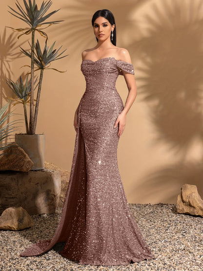 Elegant off-the-shoulder pleated side-skirt party dress