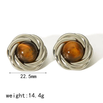 New Products Statement Nature Stone Tiger-eye Earrings Waterproof Gold Plated Stainless Steel Pearl Stud Earrings for Women