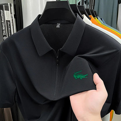 Men's Premium Textured Polo Shirt Seamless Half Zipper Crocodile Print Short Sleeve Summer Lapel T-Shirt Classic Men's Clothing
