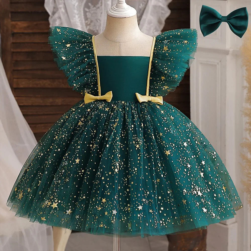 Princess Dress for Girls Sequined Star Ruffle Bow Tutu Gown Baby Formal Gala Prom Gown Kids Evening Party Costume