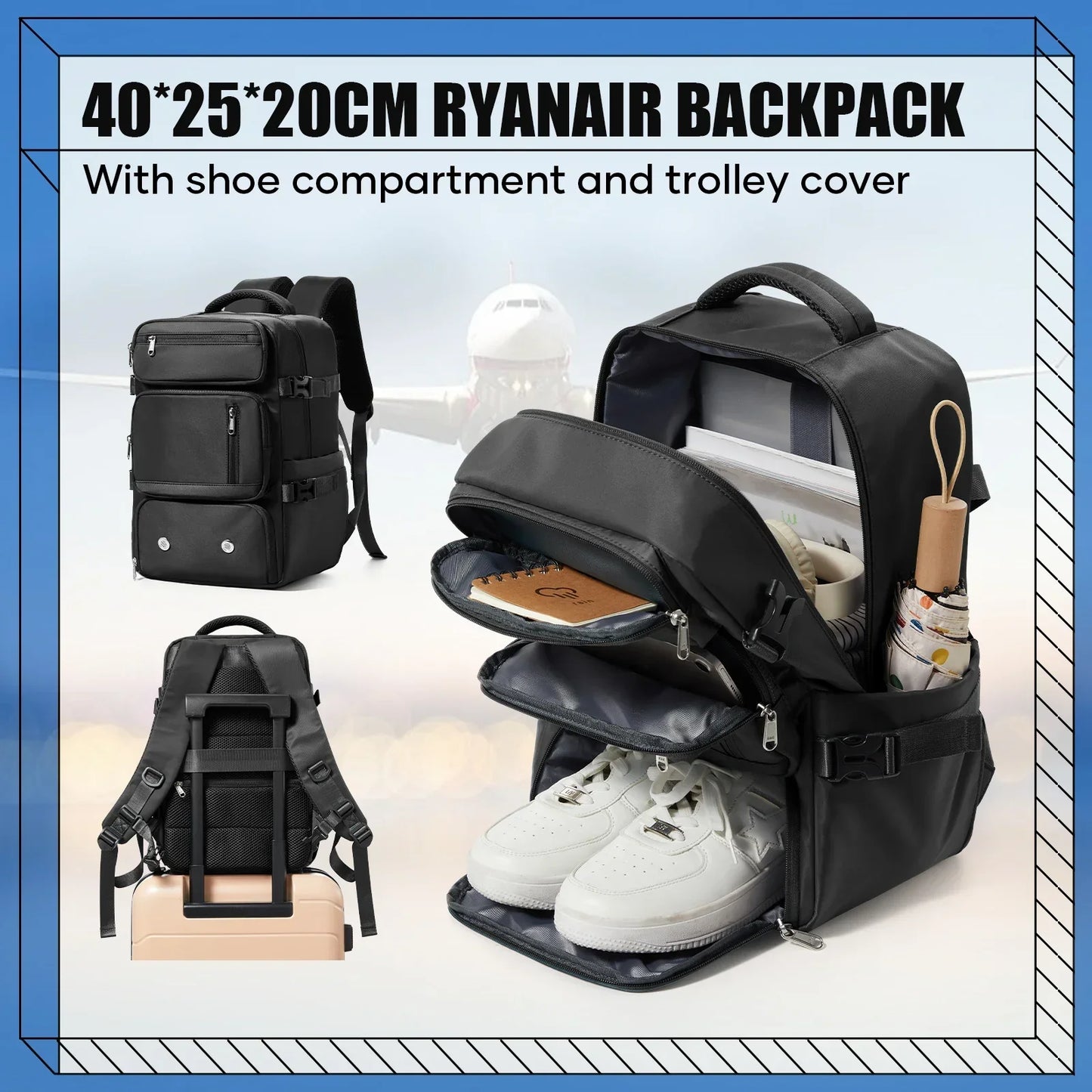 Travel Backpack Airplane Cabin Bag Ryanair Backpack 40x20x25 Luggage Laptop Bag Anti-Theft Men Women's Bag for Sports Trekking
