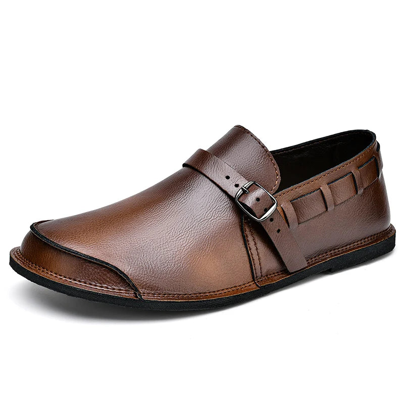 Sapatos Masculinos de Couro com Bico Largo e Sem Cadarço, Flats Casuais Minimalistas Antiderrapantes Primavera Verão Outono