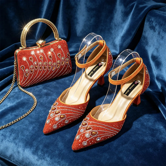 Elegant Italian Rhinestone Pointed-Toe High Heel Shoes with Matching Handbag Set - Stylish & Comfortable Women's Footwear