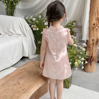 Vestido de princesa rosa estilo chinês retrô Qipao sem mangas para meninas de 2 a 10 anos Vestido 2026 Novo verão Roupas para o Dia das Crianças 6.1