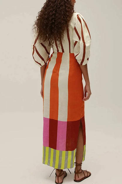 Women Linen Material Long Dresses Fashion Chic Print Sexy V-neck Hollow Out High Waist Party Dress Lady robes