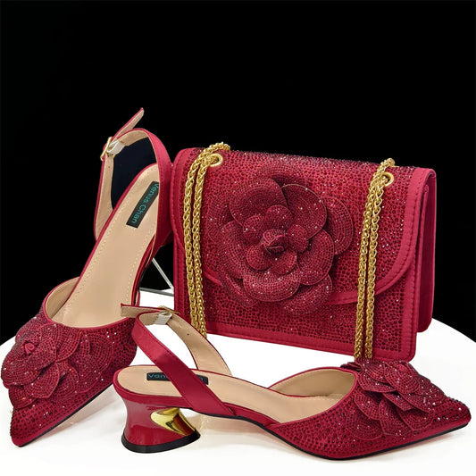 Doershow New Arrival African Wedding Shoes and Bag Set WINE Color Italian Shoes with Matching Bags Nigerian lady party  1-4