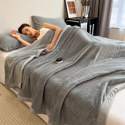Double Layer Solid Color Milk Velvet Blanket Autumn Winter Thicken Warm Plush Blanket for Bed Sofa Single Double Thick Bed Sheet